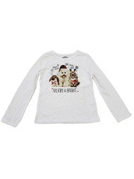 Girls White Cat Dog Kitten Puppy Holiday Merry Christmas Tee Shirt Top T-Shirt