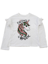 Girls White Unicorn Glitter Sparkle Holiday Christmas Tee Shirt Top T-Shirt