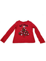 Girls Red Believe Hearts Holiday Christmas Snowflakes Tee Shirt Top T-Shirt XS