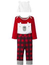 Infant Boys 3 Piece Red Polar Bear Creeper & Plaid Pants Outfit