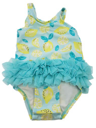Infant Girls Lemons Blue Tutu Ruffled Bow Back 1pc Swimming Swim Suit