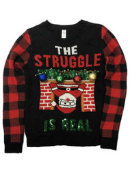 Junior Womens Black & Red Tinsel Santa Christmas Ornament Holiday Sweater