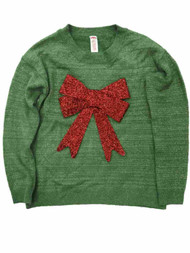 Womens Metallic Green & Red Bow Christmas Holiday Sweater