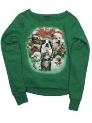 Junior Womens Green Puppy Dog Kitty Cat Sloth Christmas Holiday Sweatshirt
