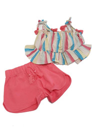 Infant Toddler Girls Pink Stripe Glitter Ruffle Tank Top and Short 2 Pc Set