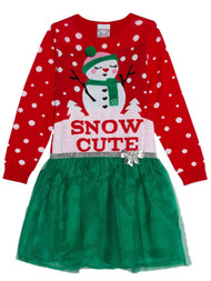 Girls Snow Cute Snowman Red Green Christmas Holiday Tutu Tulle Sweater Dress