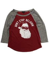 Womens Distressed Don't Stop Believin' Santa Claus Christmas Holiday Shirt