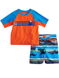 ZeroXposur Toddler Boys Orange & Blue Shark Rash Guard Shirt & Swim Trunks 2T