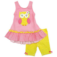 Infant Toddler Girls Pink Gingham Owl Yellow Dots Ruffle Top Pants 2 Pc Set