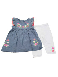 Infant Toddler Girls Floral Flowers Blue Denim Pink Ruffle Top Pants 2 Pc Set
