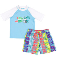 Kiko & Max Toddler Boys Tropical Hawaiian Fish Rash Guard Shirt & Swim Trunks