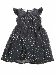 Girls Black and White Dot Lace Yoke Ruffled Cap Sleeve Layered Dress