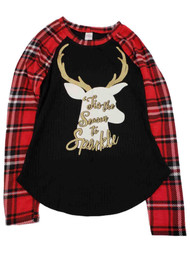 Junior Womens Red Black Tis The Season Deer Glitter Holiday Christmas Shirt