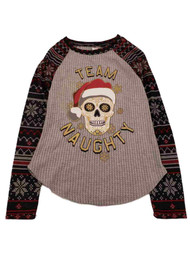 Junior Women Team Naughty Sugar Skull Glitter Santa Christmas Holiday Shirt