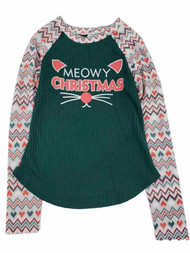 Junior Women Green Meowy Christmas Cat Heart Glitter Sparkle Holiday Shirt