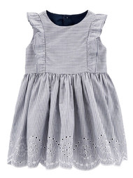 Carters Infant Girls Navy & White Striped Eyelet Summer Short Sleeve Dress NB