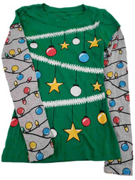 Junior Womens Green Christmas Tree Stars Lights Glitter Holiday T-Shirt Tee