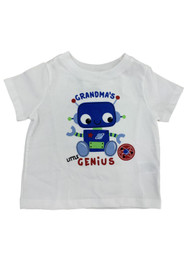 Infant Boys White Grandma's Little Genius Blue Robot Short Sleeve T Shirt