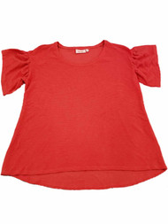 Plus Size Womens Red Ribbed Ruffled Short Sleeve Dressy Sweater Shirt Top