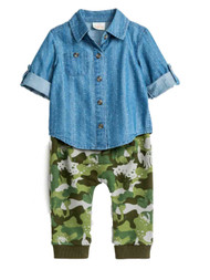 Cat & Jack Infant Boys 2Pc Baby Outfit Blue Denim Shirt & Dino Camo Pant Set