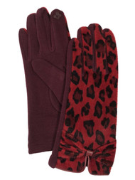Womens Red Leopard Print Faux Fur Stretch Fit Text & Tech Touchscreen Gloves