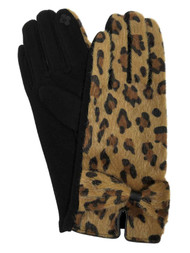 Womens Tan Leopard Print Faux Fur Stretch Fit Text & Tech Touchscreen Gloves