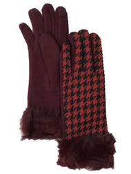 Womens Burgundy Houndstooth Faux Fur Stretch Fit Text & Tech Touchscreen Gloves