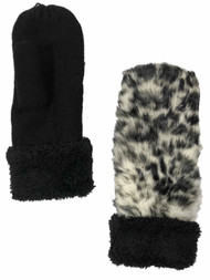 Womens Black & White Leopard Print Faux Fur & Knit Mittens Sherpa Lined