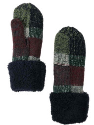 Womens Navy Blue Green & Burgundy Plaid Knit Mittens Sherpa Lined