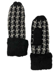 Womens Black & White Houndstooth Knit Mittens Sherpa Lined