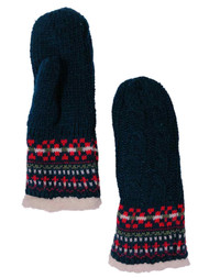 Womens Navy Blue & Red Cable Knit Mittens Sherpa Lined
