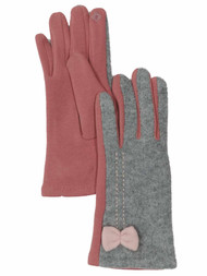 Womens Soft Gray & Pink Bow Stretch Fit Texting & Tech Touchscreen Gloves