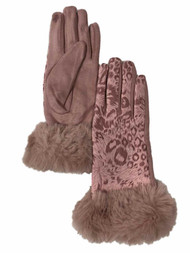 Womens Pink Leopard Print Faux Fur Stretch Fit Text & Tech Touchscreen Gloves