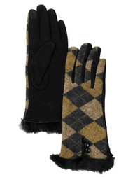 Womens Yellow & Black Argyle Faux Fur Stretch Fit Text & Tech Touchscreen Gloves
