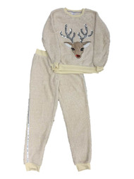 Women's Reindeer Plush 2PC Pajama Sleep Set Heather Oatmeal