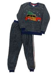 Women's Holiday Car & Tree Plush 2PC Pajama Sleep Set Charcoal Gray