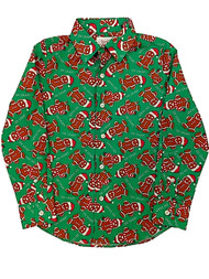 Boys Green Long Sleeve Button Front Gingerbread Man Holiday Dress Shirt