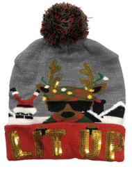 Mens Gray & Red Sequin Lit Up Reindeer & Santa Christmas Holiday Beanie Hat