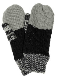 Womens Black & Gray Cable Knit Mittens Fleece Lined