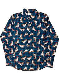 Mens Blue Long Sleeve Button Down Puppy Gift Holiday Dress Shirt