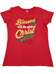 Womens Red Blessed Christmas Xmas Foil Shiny Shine Holly Holiday Tee T-Shirt M