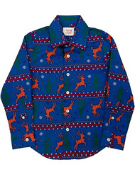 Boys Blue Long Sleeve Button Front Reindeer Holiday Dress Shirt