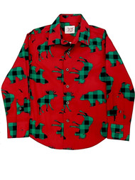 Boys Red Long Sleeve Button Front Animal Print Holiday Dress Shirt