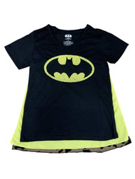 Batman Junior Womens Black & Yellow Cape Beaded Logo T-Shirt Costume Tee Top