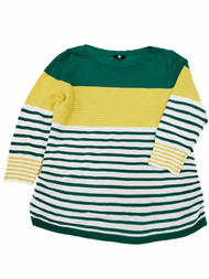 Womens Green Yellow White Stripe Ribbed Dressy Stretchy Sweater Top Shirt