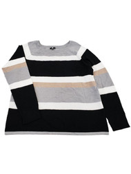Womens Black Grey Tan White Stripe Ribbed Dressy Stretchy Sweater Top Shirt