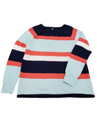 Womens Navy Blue Coral White Stripe Ribbed Dressy Stretchy Sweater Top Shirt