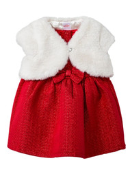 Infant Girls Red Sparkle Bow Christmas Party Dress With Faux Fur Jacket