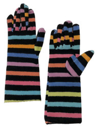 Womens Colorful Long Black Pink Blue & Orange Striped Fleece Gloves