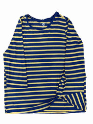 Womens Yellow & Blue Stripe Side Knot Twist  3/4 Sleeve Lightweight Shirt Top